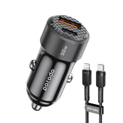 Porodo 50W Dual Port Car Charger PD 20W QC 30W with C to L Cable - Black